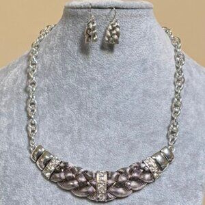 Designer Inspired Metal work Braided look Clear Crystal stud Necklace Earring